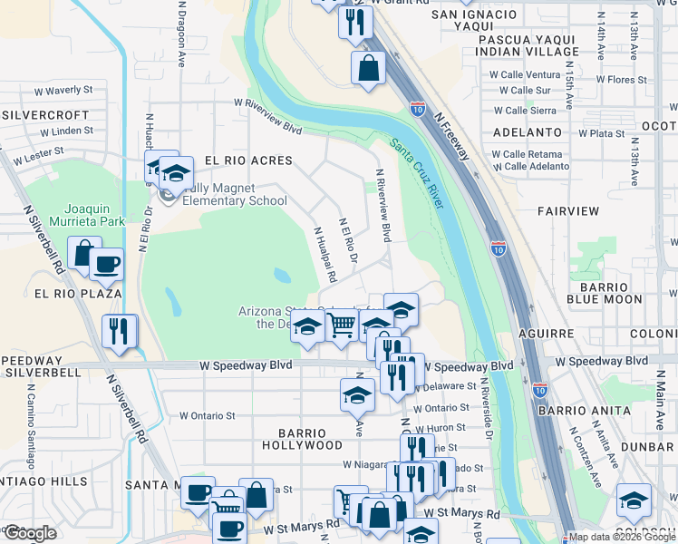 map of restaurants, bars, coffee shops, grocery stores, and more near None in Tucson