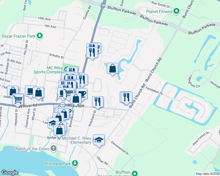 map of restaurants, bars, coffee shops, grocery stores, and more near 28 Drayson Circle in Bluffton