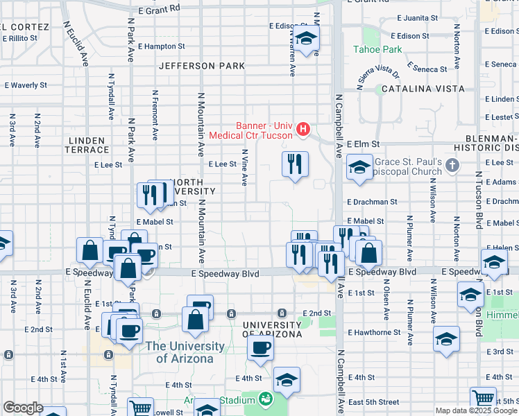 map of restaurants, bars, coffee shops, grocery stores, and more near 1528 East Drachman Street in Tucson