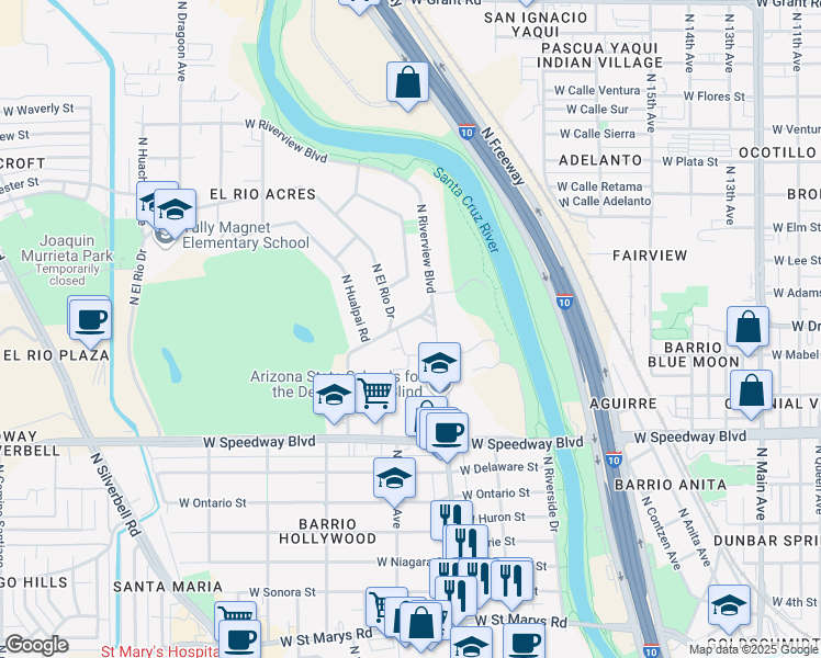 map of restaurants, bars, coffee shops, grocery stores, and more near 1227 West Riverview Boulevard in Tucson