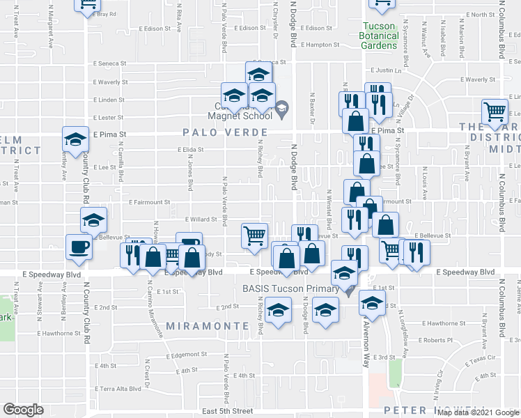 map of restaurants, bars, coffee shops, grocery stores, and more near 1320 North Richey Boulevard in Tucson