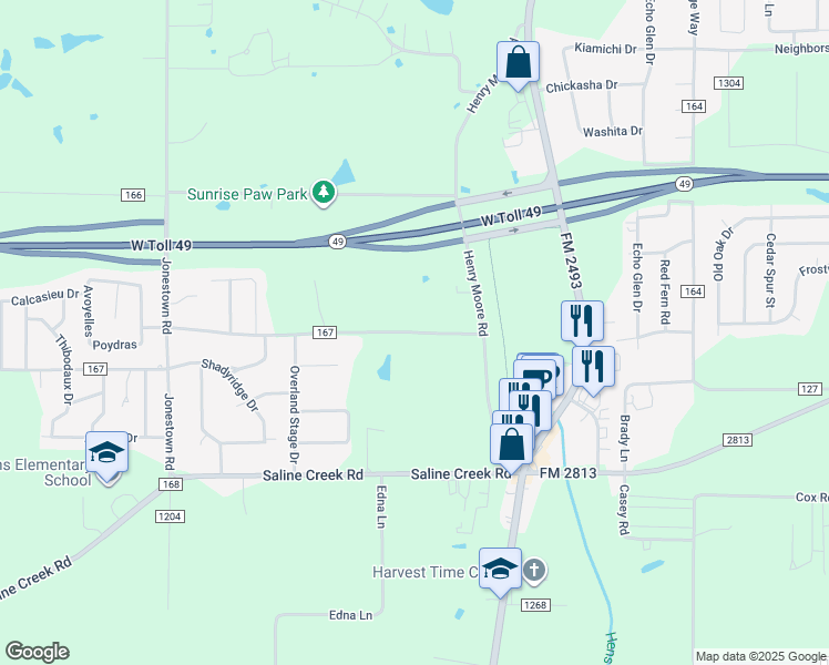 map of restaurants, bars, coffee shops, grocery stores, and more near 16518 County Road 165 in Tyler