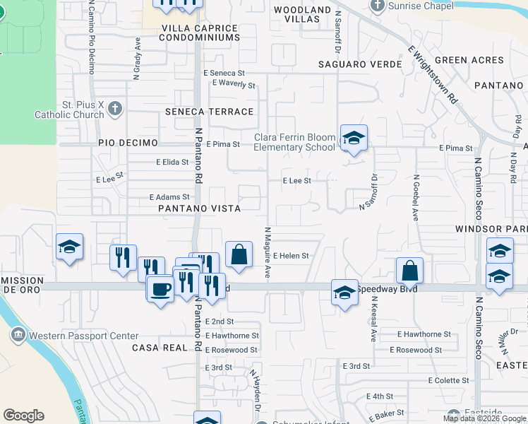 map of restaurants, bars, coffee shops, grocery stores, and more near 1450 North Cll De Arvayo in Tucson