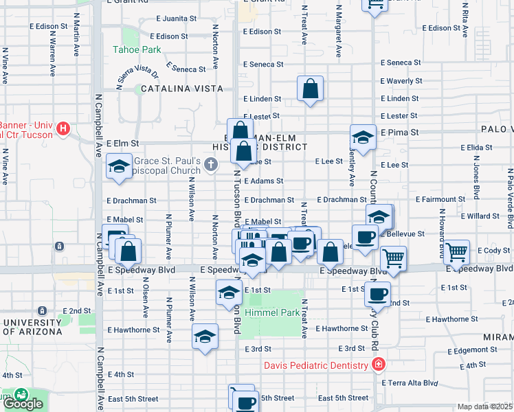 map of restaurants, bars, coffee shops, grocery stores, and more near 2532 East Drachman Street in Tucson
