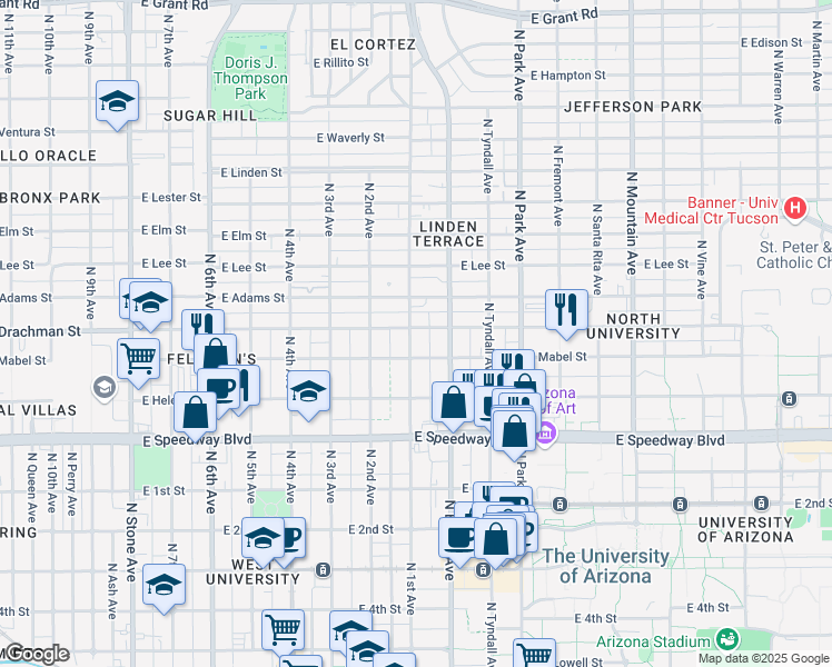 map of restaurants, bars, coffee shops, grocery stores, and more near 1340 North 1st Avenue in Tucson