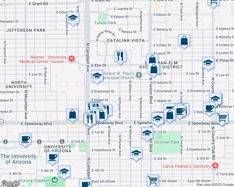 map of restaurants, bars, coffee shops, grocery stores, and more near 2140 East Drachman Street in Tucson