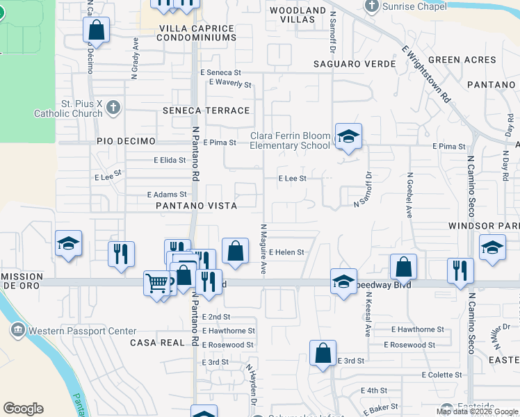 map of restaurants, bars, coffee shops, grocery stores, and more near 1450 North Cll De Arvayo in Tucson