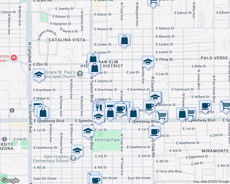 map of restaurants, bars, coffee shops, grocery stores, and more near 2702 East Drachman Street in Tucson