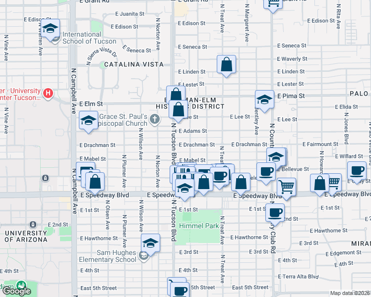 map of restaurants, bars, coffee shops, grocery stores, and more near 2532 East Drachman Street in Tucson