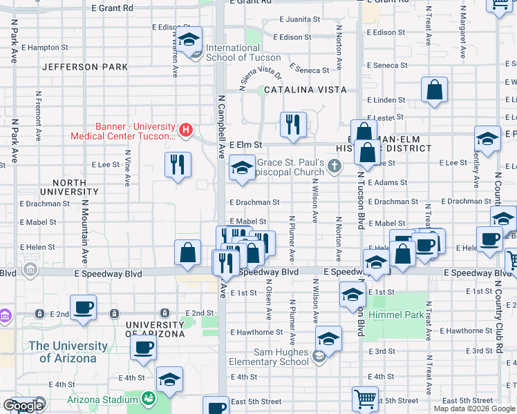 map of restaurants, bars, coffee shops, grocery stores, and more near 2044 East Drachman Street in Tucson