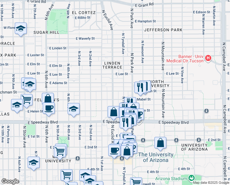 map of restaurants, bars, coffee shops, grocery stores, and more near in Tucson