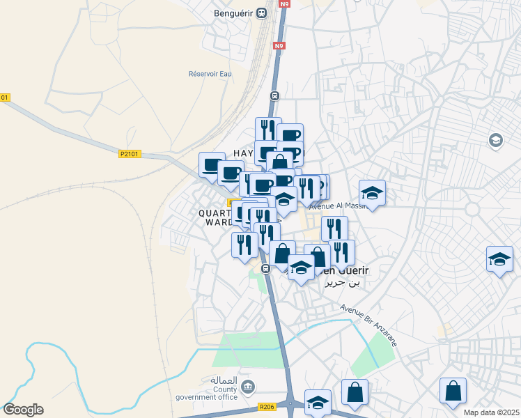 map of restaurants, bars, coffee shops, grocery stores, and more near Avenue Mohamed V in Ben Guérir