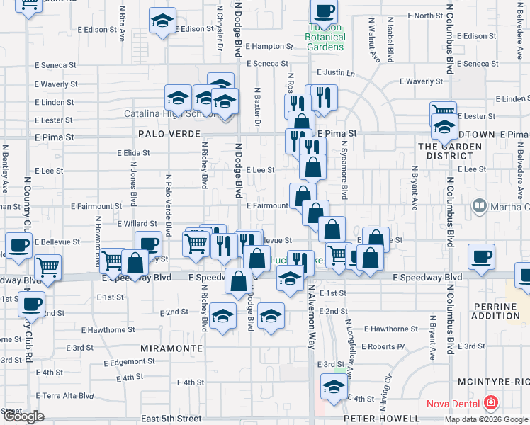 map of restaurants, bars, coffee shops, grocery stores, and more near 3742 East Fairmount Street in Tucson