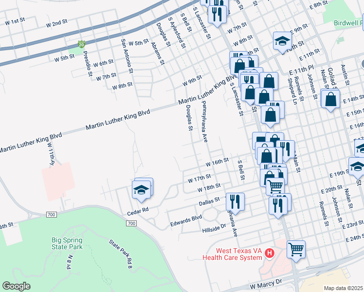 map of restaurants, bars, coffee shops, grocery stores, and more near 814 West 14th Street in Big Spring