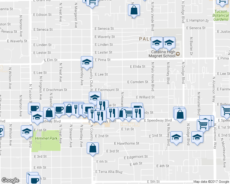 map of restaurants, bars, coffee shops, grocery stores, and more near 3226 East Fairmount Street in Tucson