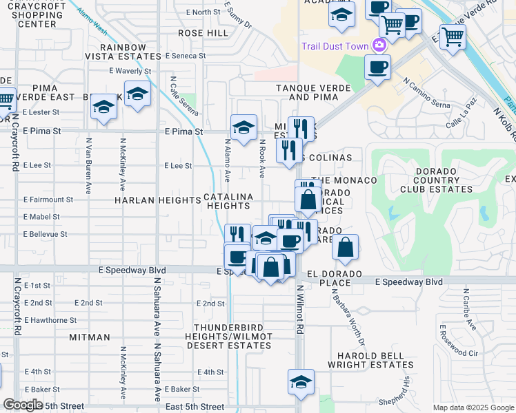 map of restaurants, bars, coffee shops, grocery stores, and more near 6190 East Fairmount Street in Tucson