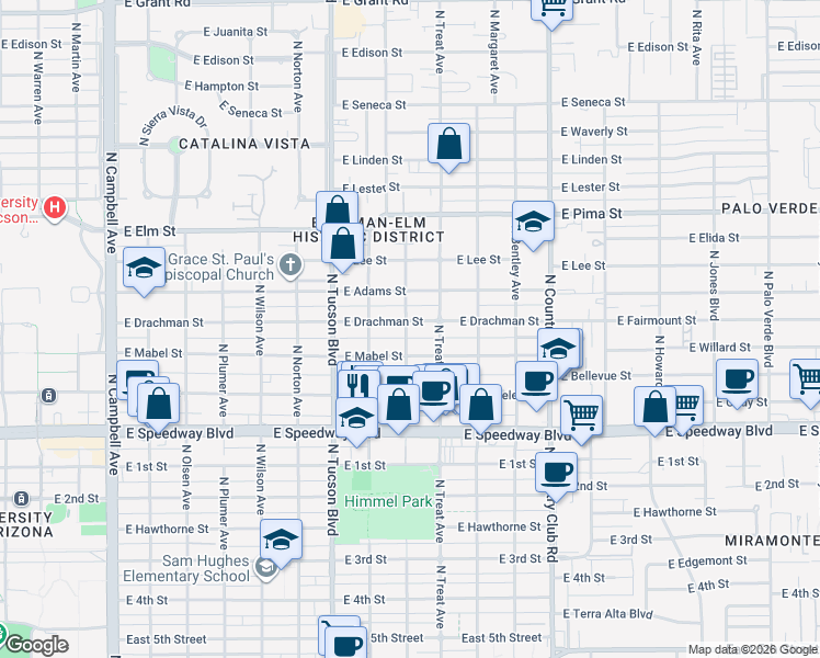 map of restaurants, bars, coffee shops, grocery stores, and more near 2702 East Drachman Street in Tucson