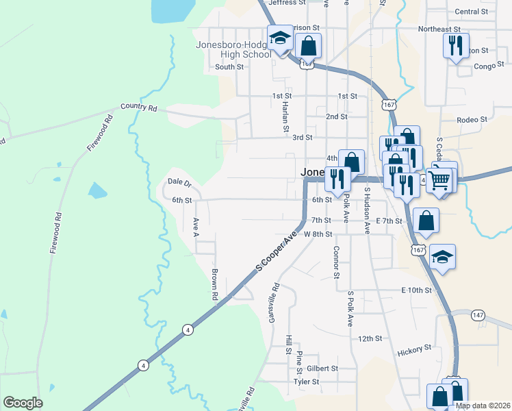 map of restaurants, bars, coffee shops, grocery stores, and more near 707 6th Street in Jonesboro