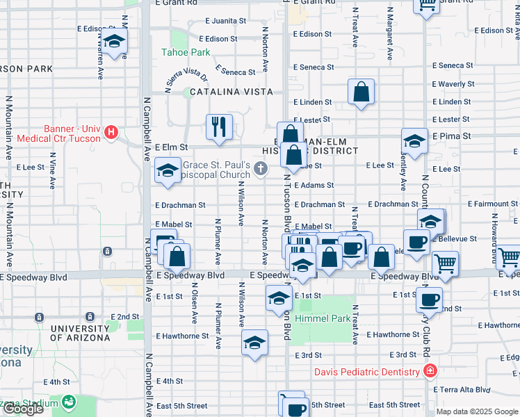 map of restaurants, bars, coffee shops, grocery stores, and more near 2340 East Drachman Street in Tucson