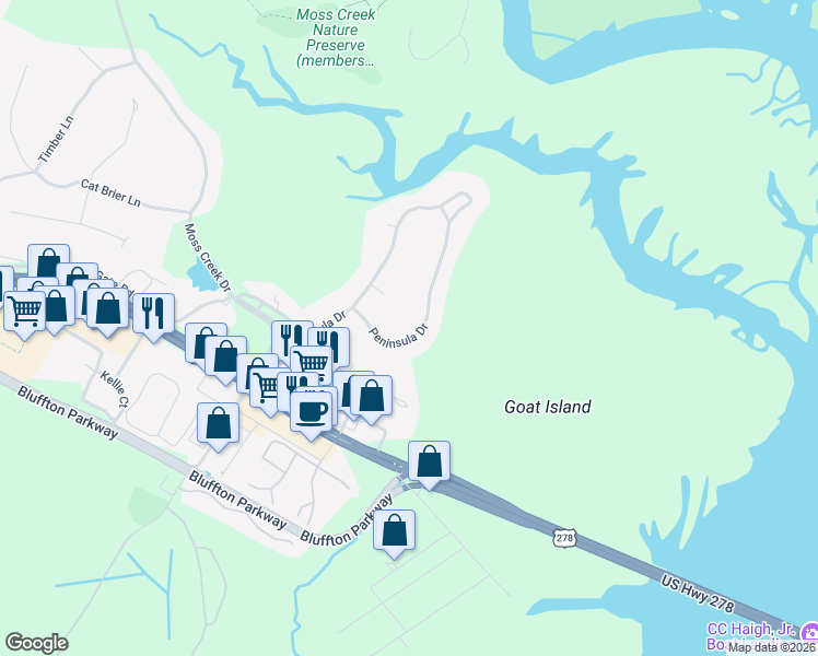 map of restaurants, bars, coffee shops, grocery stores, and more near 80 Peninsula Drive in Hilton Head Island