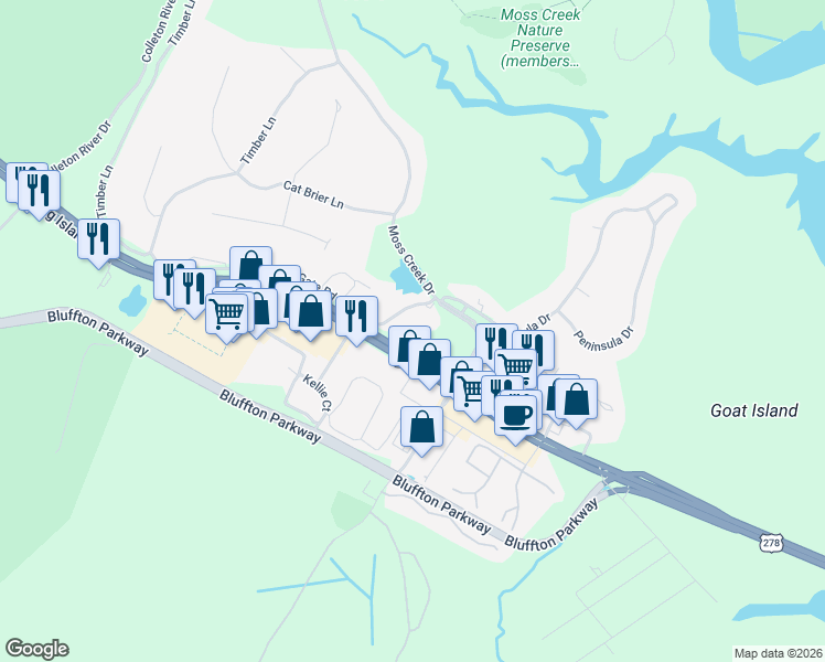 map of restaurants, bars, coffee shops, grocery stores, and more near 4 Stable Gate Road in Hilton Head Island