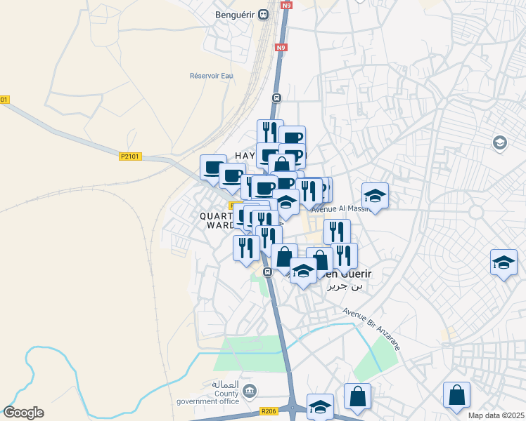 map of restaurants, bars, coffee shops, grocery stores, and more near Avenue Mohamed V in Ben Guérir