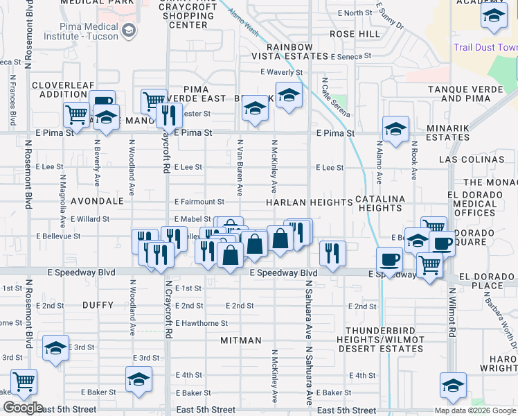 map of restaurants, bars, coffee shops, grocery stores, and more near 5752 East Fairmount Street in Tucson