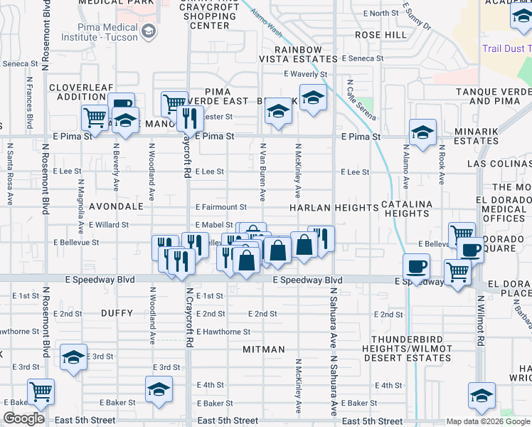 map of restaurants, bars, coffee shops, grocery stores, and more near 5656 East Fairmount Street in Tucson
