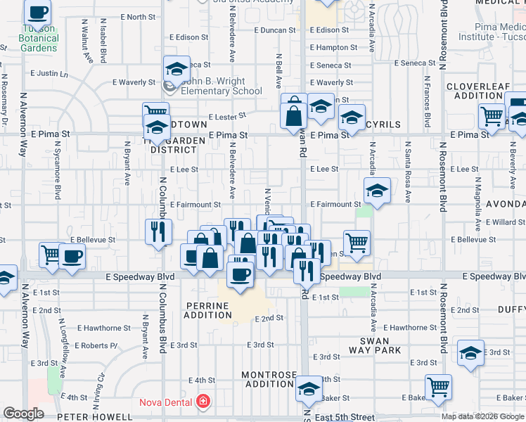 map of restaurants, bars, coffee shops, grocery stores, and more near 1325 North Venice Avenue in Tucson
