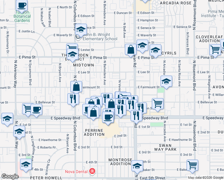 map of restaurants, bars, coffee shops, grocery stores, and more near 4508 East Fairmount Street in Tucson