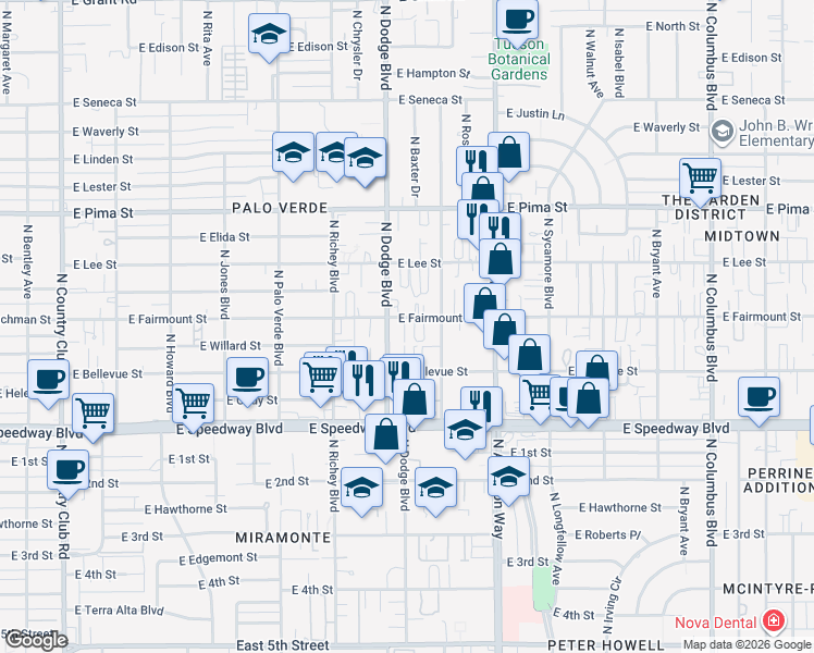 map of restaurants, bars, coffee shops, grocery stores, and more near 3730 East Fairmount Street in Tucson
