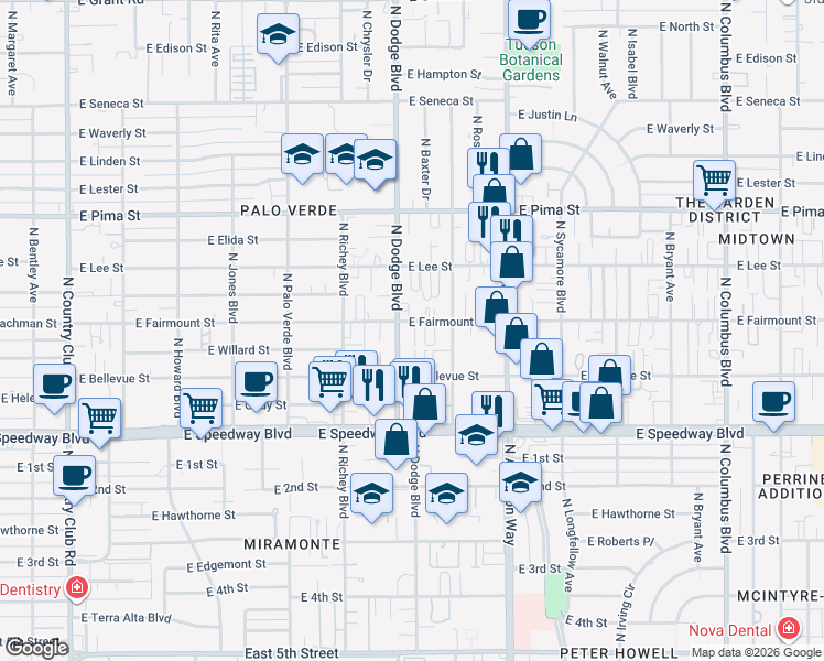 map of restaurants, bars, coffee shops, grocery stores, and more near 3706 East Fairmount Street in Tucson