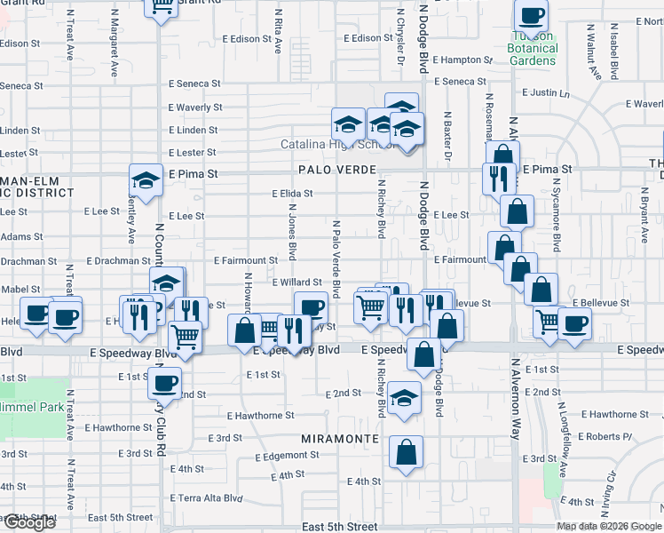 map of restaurants, bars, coffee shops, grocery stores, and more near 3438 East Fairmount Street in Tucson