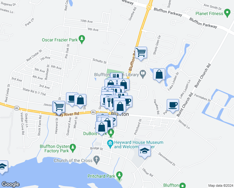 map of restaurants, bars, coffee shops, grocery stores, and more near 14 Promenade Street in Bluffton