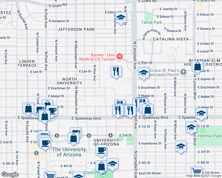 map of restaurants, bars, coffee shops, grocery stores, and more near 1642 East Drachman Street in Tucson