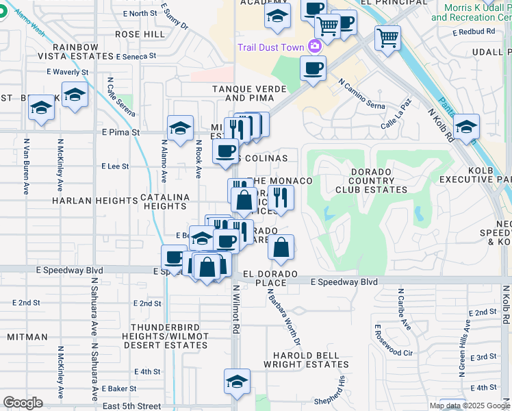 map of restaurants, bars, coffee shops, grocery stores, and more near 1396 North Wilmot Road in Tucson