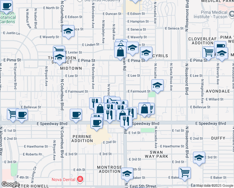 map of restaurants, bars, coffee shops, grocery stores, and more near 1320 North Roberts Way in Tucson