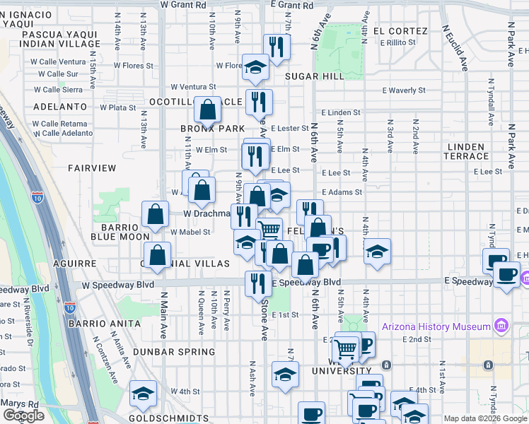 map of restaurants, bars, coffee shops, grocery stores, and more near W Drachman St & E Drachman St in Tucson