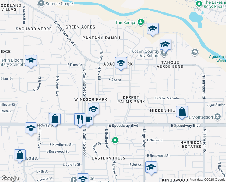 map of restaurants, bars, coffee shops, grocery stores, and more near 8917 East Calle Playa in Tucson