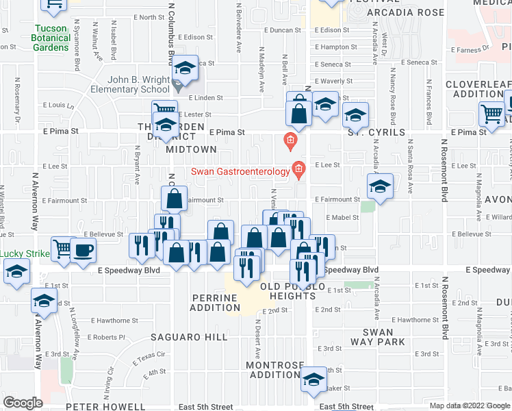 map of restaurants, bars, coffee shops, grocery stores, and more near 4508 East Fairmount Street in Tucson