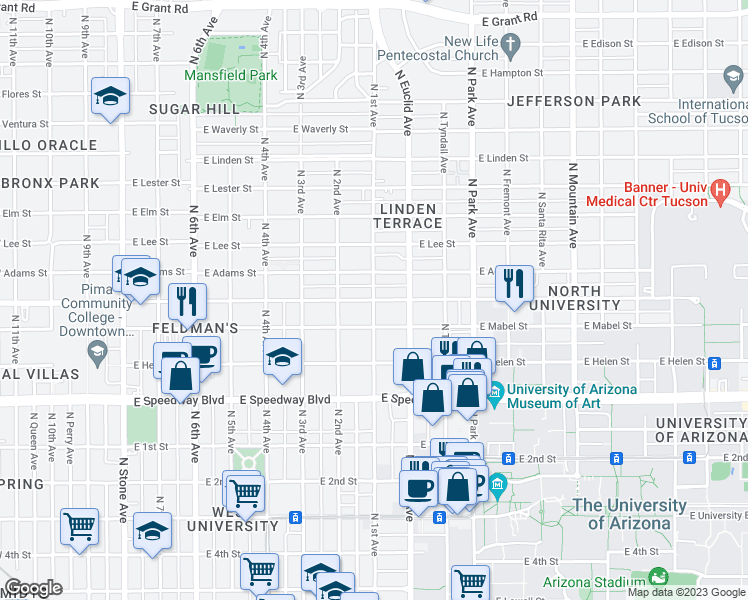 map of restaurants, bars, coffee shops, grocery stores, and more near North 1st Avenue & East Drachman Street in Tucson