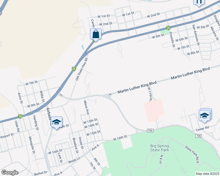 map of restaurants, bars, coffee shops, grocery stores, and more near 1900 Martin Luther King Boulevard in Big Spring
