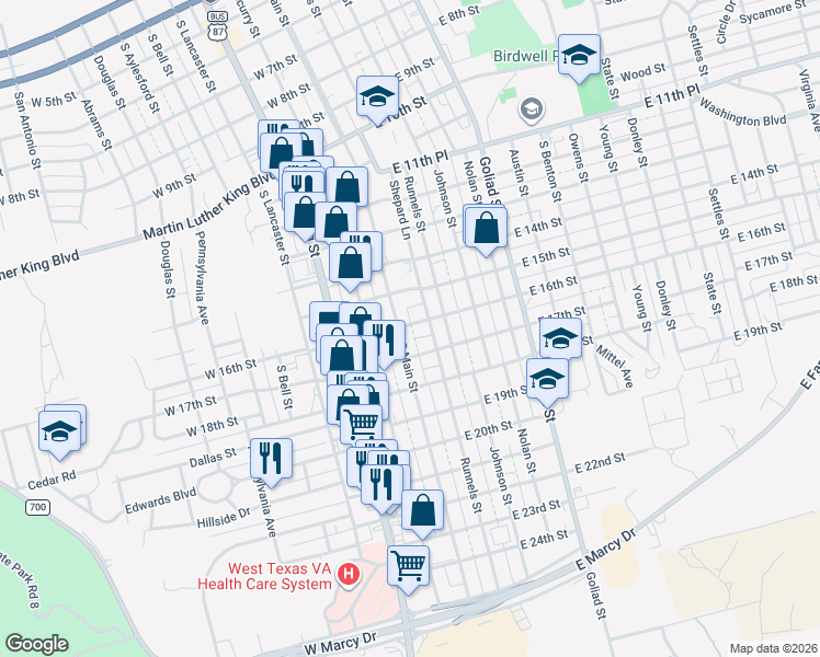 map of restaurants, bars, coffee shops, grocery stores, and more near 100 East 16th Street in Big Spring