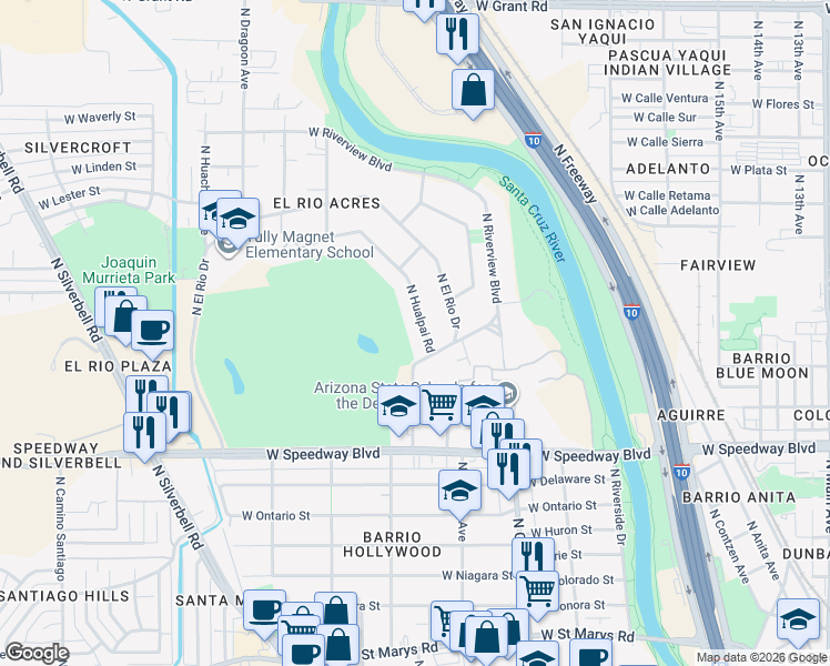 map of restaurants, bars, coffee shops, grocery stores, and more near 1427 North Hualpai Road in Tucson