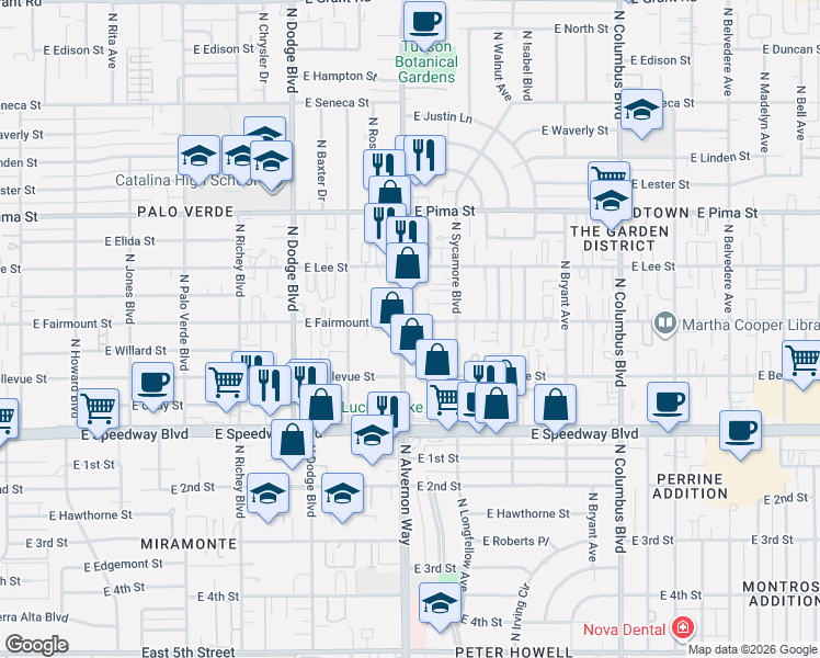 map of restaurants, bars, coffee shops, grocery stores, and more near 1370 North Alvernon Way in Tucson