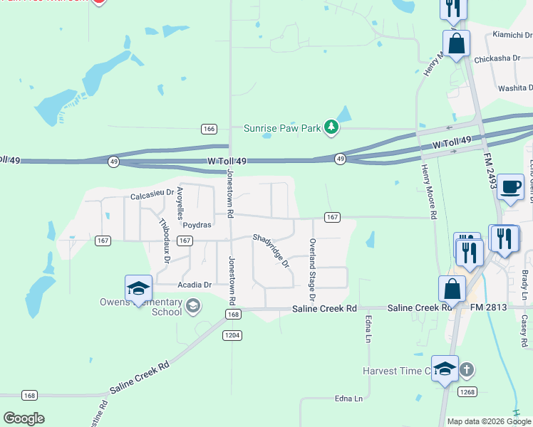 map of restaurants, bars, coffee shops, grocery stores, and more near 16572 Millwood Place in Tyler