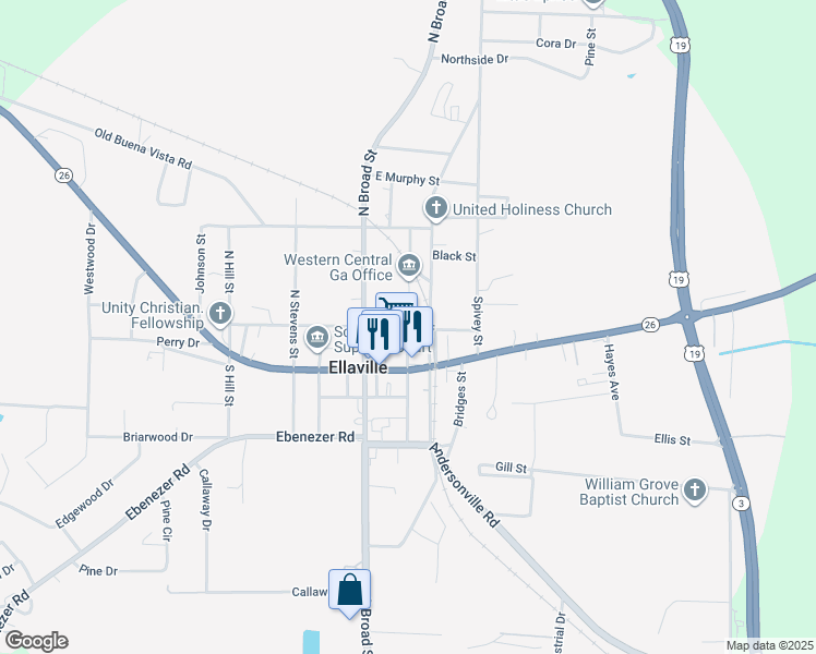 map of restaurants, bars, coffee shops, grocery stores, and more near 500 East College Street in Ellaville