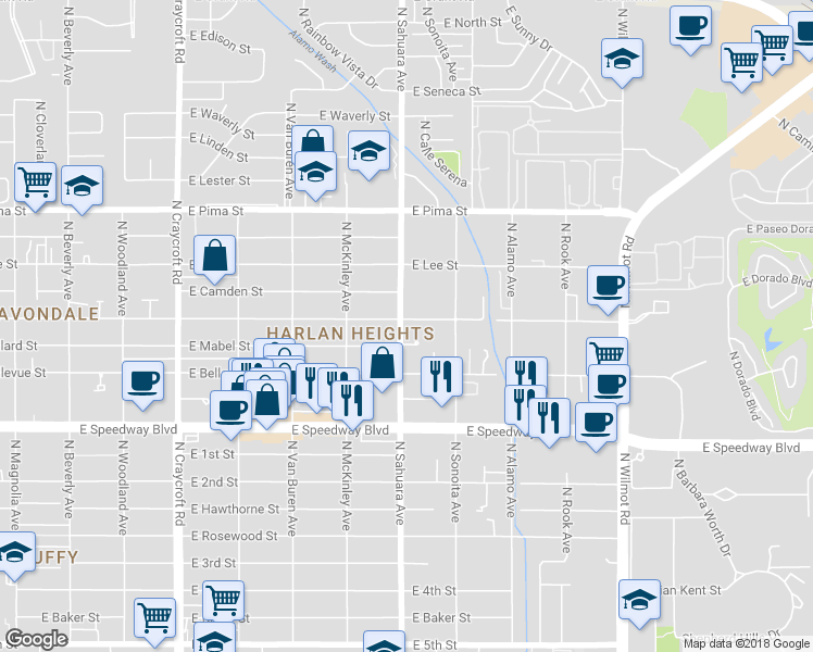 map of restaurants, bars, coffee shops, grocery stores, and more near 5900 East Fairmount Street in Tucson