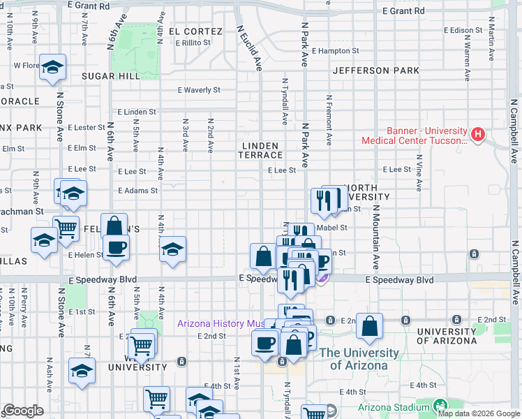 map of restaurants, bars, coffee shops, grocery stores, and more near North Euclid Avenue & East Drachman Street in Tucson