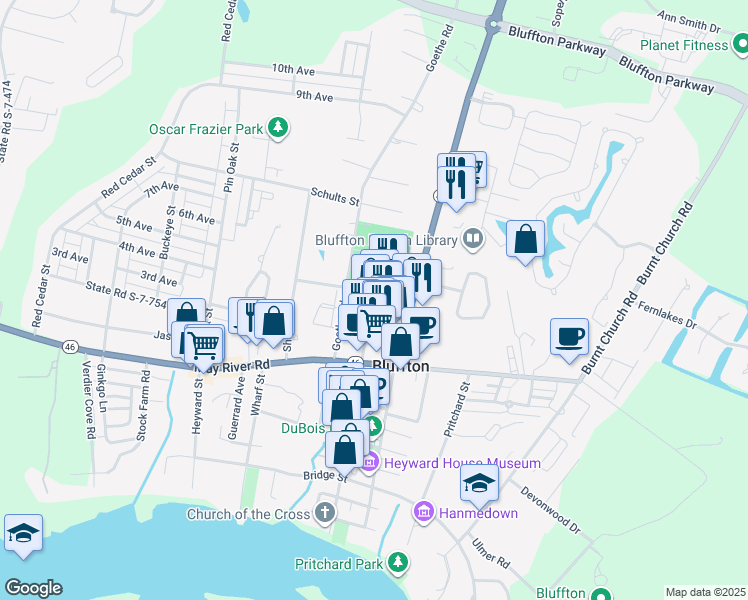 map of restaurants, bars, coffee shops, grocery stores, and more near 23 Promenade Street in Bluffton